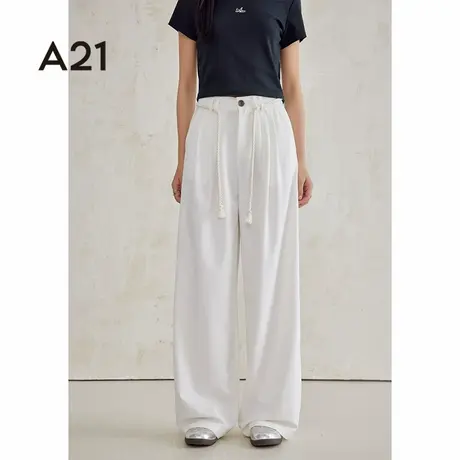 a21女装宽松阔腿长裤夏季简约休闲裤米白色直筒裤子女款图片