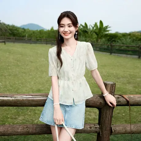 时尚气质衬衫2024年夏季新款女V领百搭收腰显瘦碎花减龄短袖上衣商品大图
