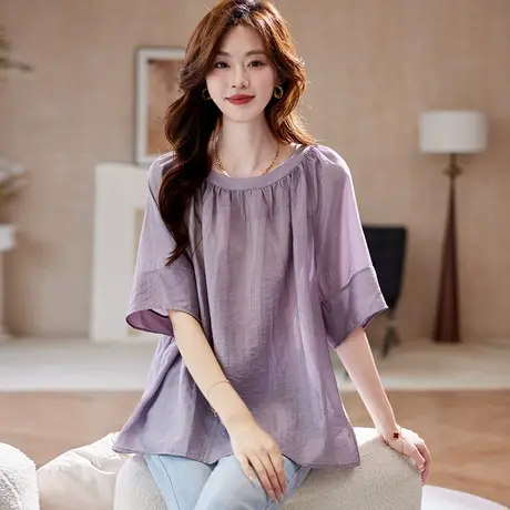 宝诗黎圆领宽松短袖衬衫女2025夏季薄款韩系简约百搭通勤大码衬衣商品大图