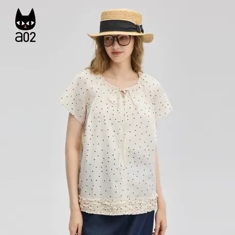 a02宽松圆领木耳边甜美风短袖衬衫女2025新款夏季波点上衣图片