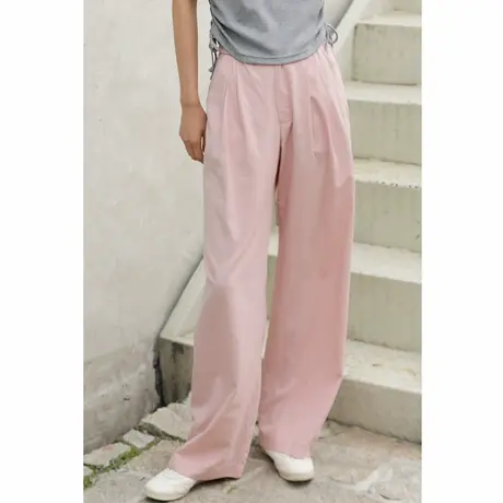 弥古粉色高腰休闲裤女新款春秋薄款阔腿裤多巴胺裤子显瘦冰丝长裤图片