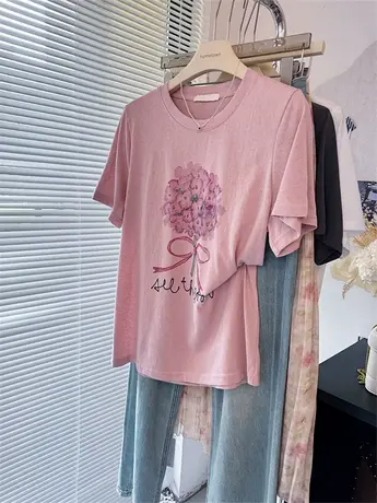 凉爽正肩显瘦立体钉珠复古油画风花朵印花雪花棉短袖T恤女薄商品大图