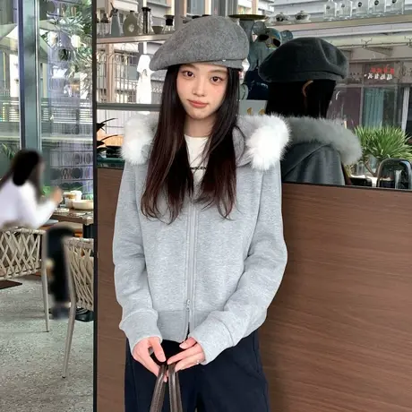 尔给毛领连帽卫衣外套女秋冬季加绒加厚宽松慵懒风灰色开衫短外套图片