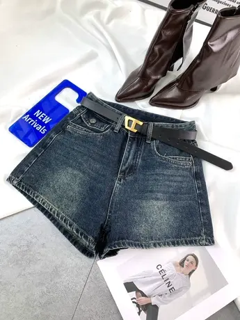 美式复古磨白牛仔短裤女2024春季新款显瘦百搭高腰修身阔腿a字裤图片