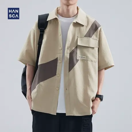 hansca日系工装休闲短袖衬衫男夏季薄款潮牌拼接宽松翻领衬衣外套图片