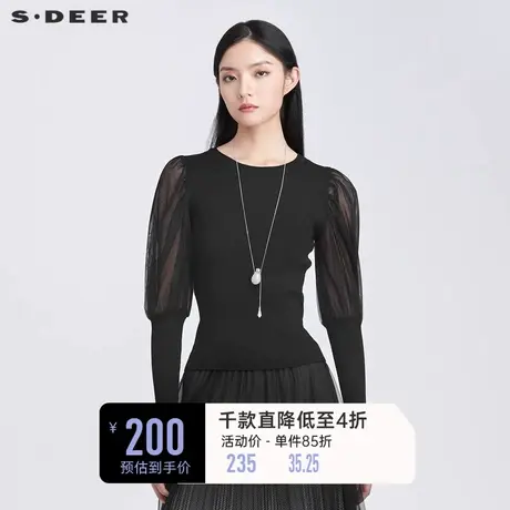 sdeer圣迪奥春装罗纹圆领复古网纱拼接针织衫女S22183517❌商品大图