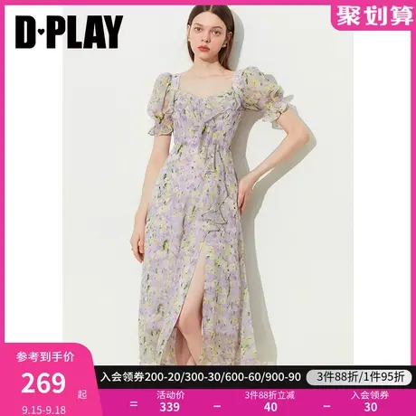 DPLAY2023年秋装粉调印象花园不对称荷叶边葫芦袖印花裙茶歇裙图片