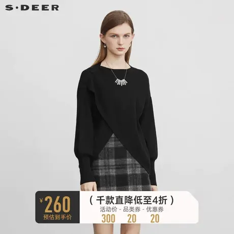 sdeer圣迪奥女装时尚圆领交叉长袖黑色针织衫S221Z3517😍商品大图