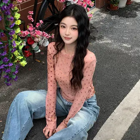 尔给【粉纱绮梦】设计感薄款波点网纱打底衫女长袖修身显瘦T恤图片