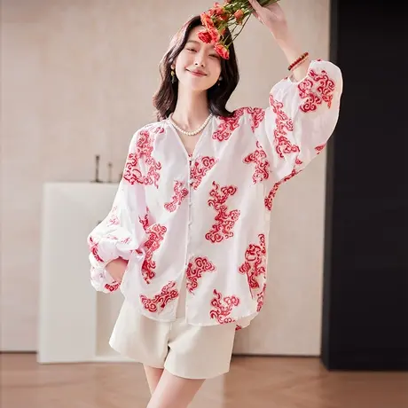 宝诗黎V领灯笼袖刺绣苎麻衬衫2025春季时尚气质减龄宽松大码衬衣商品大图