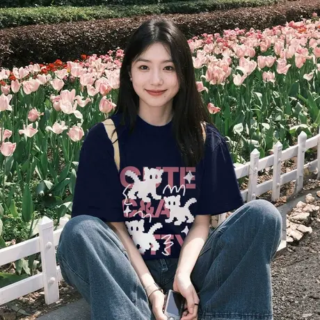 藏蓝色全棉短袖t恤女2025新款夏季爆款显白落肩小众半袖宽松上衣商品大图