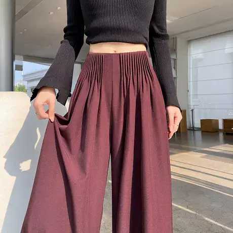 安哥拉红压褶西装裤女春秋季高腰垂感直筒阔腿裤子慵懒风休闲长裤商品大图