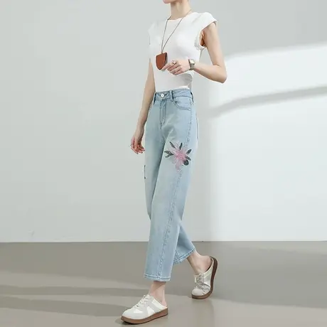 复古国风烫钻刺绣牛仔直筒裤女夏季薄款高腰显瘦小个子九分烟管裤商品大图