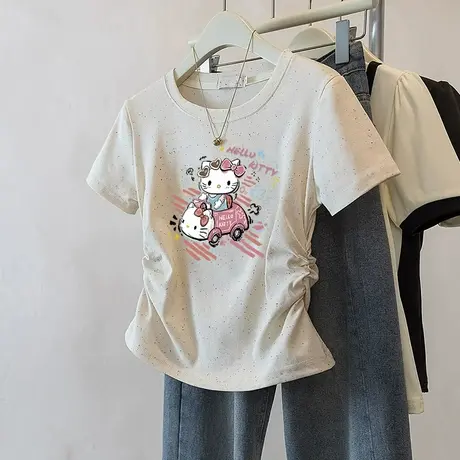 彩虹波点高级感修身短袖t恤女夏季新款正肩圆领短袖褶皱收腰上衣商品大图