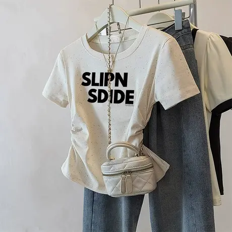 潮流小个子短款减龄收腰t恤女2025新款褶皱修身彩虹波点短袖上衣商品大图