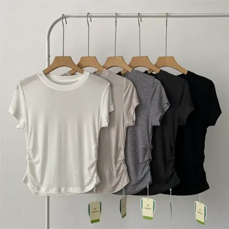 薄款弹力软糯t恤女夏新款韩版显瘦简约基础款打底衫褶皱棉质上衣商品大图