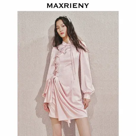 【奥莱】MAXRIENY中式温柔不对称抽褶提花连衣裙图片