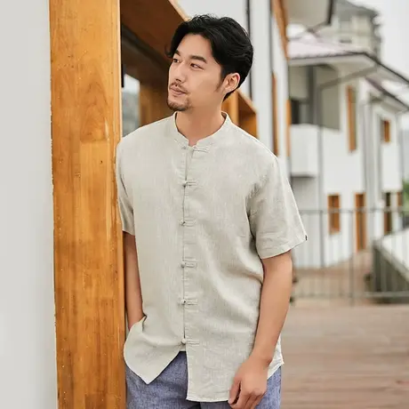 断码99/件夏季亚麻短袖衬衫男修身男士盘扣圆领休闲衬衣宽松潮859图片