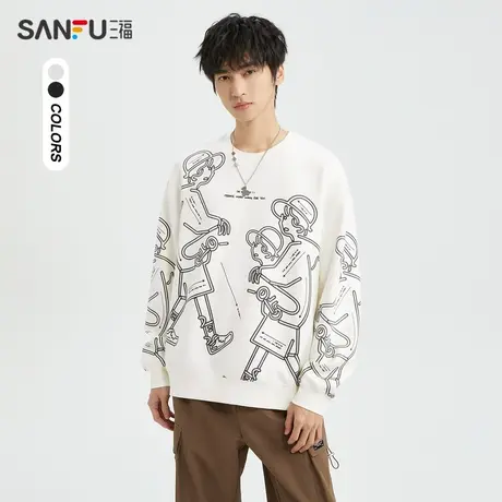 三福2023秋男士满版插画人物卫衣 日系休闲宽松圆领上衣477762商品大图