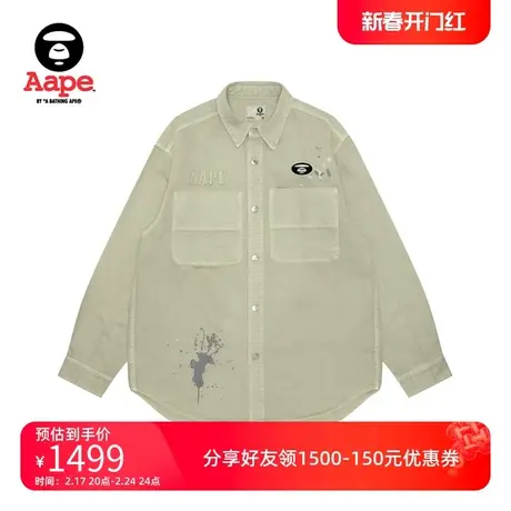 Aape旗舰店男装春夏猿人徽章泼墨效果刺绣宽松长袖衬衫8480XXM商品大图