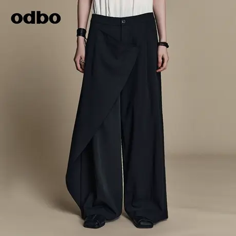 odbo 不对称设计感小众休闲裤女春季新品阔腿直筒裤高腰显瘦裙裤图片
