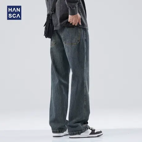 hansca美式微喇牛仔裤男秋季高街潮牌复古水洗做旧痞帅宽松直筒裤商品大图