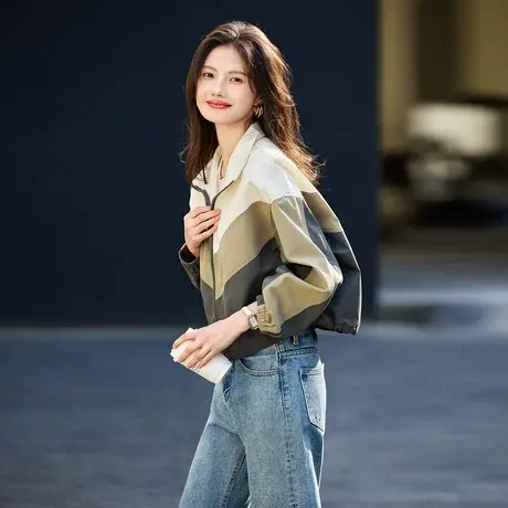 时尚气质外套2024年春季新款女拼接撞色休闲短款运动上衣图片