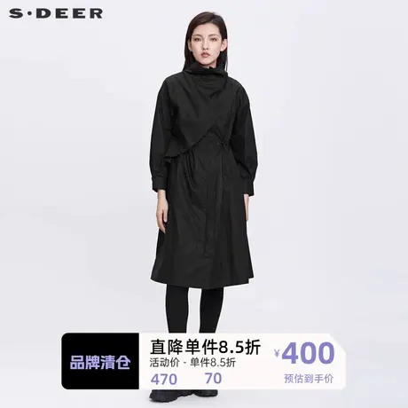 S·DEER圣迪奥女装高领斜襟收腰拼接A字长款风衣S22181801图片