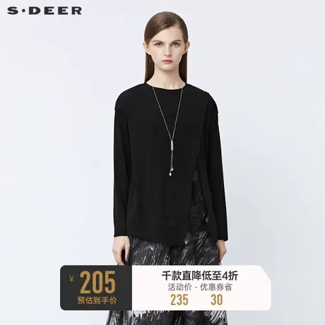 sdeer圣迪奥冬装圆领拼接蕾丝开衩不规则长袖T恤S21480217图片