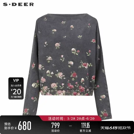 【商场同款】sdeer圣迪奥时尚圆领玫瑰印花宽松长袖T恤S25180202图片