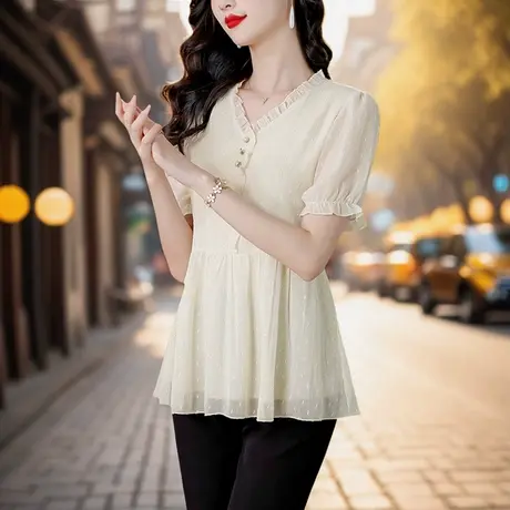 V领法式雪纺衫女夏季2025新款短袖中长款胖mm大码气质遮肚女上衣商品大图