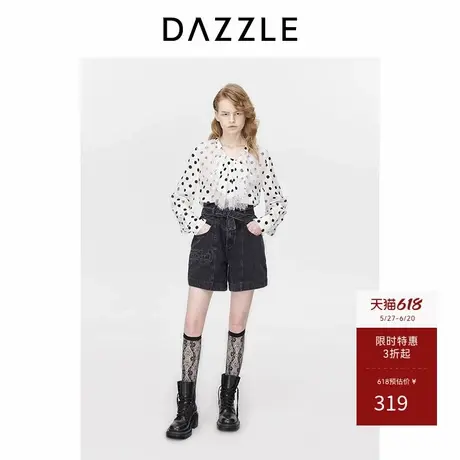 DAZZLE地素奥莱 牛仔裤春秋女装黑色简约纽结系带设计感短裤商品大图