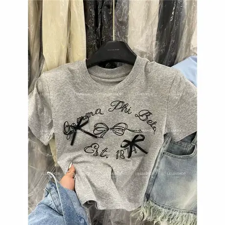 韩国东大门2024夏季新款减龄绑带蝴蝶字母修身百搭显瘦短袖上衣商品大图