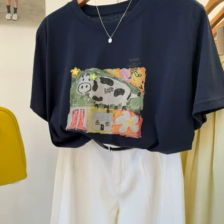 卡通印花雪花棉短袖T恤圆领休闲女上衣夏季涂鸦绘画宽松薄款体恤图片