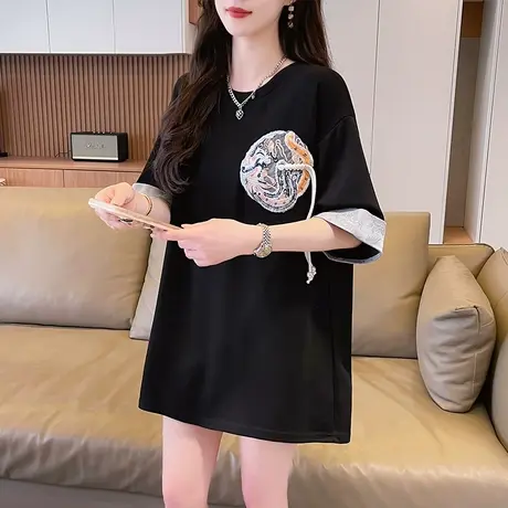 设计感小众短袖t恤女夏季韩版宽松大码中长款新中式中国风上衣服图片