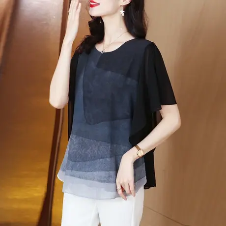 妈妈短袖雪纺衫女夏季2025新款不规则蝙蝠袖中长款宽松遮肚女上衣图片