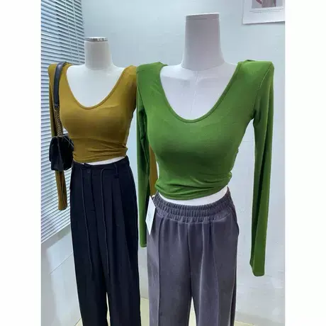 凸显身材~韩版洋气V领垫肩长袖T恤女紧身性感内搭打底衫上衣秋冬图片