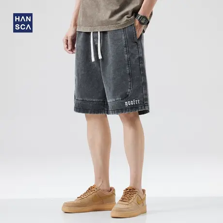 hansca日系复古工装牛仔短裤男夏季新款黑色宽松直筒大码五分裤子商品大图