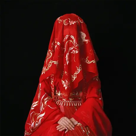如梦霓裳原创汉服配饰婚服礼服长款百搭凤凰刺绣红色盖头四季百搭商品大图