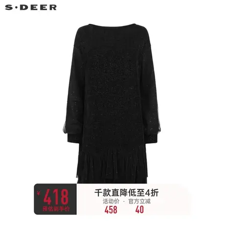 sdeer圣迪奥女装复古圆领网纱拼接丝绒连衣裙S241Z1237🌷商品大图