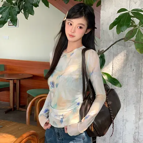 尔给T恤小个子短款春新款修身长袖薄款淑女上衣印花超好看商品大图