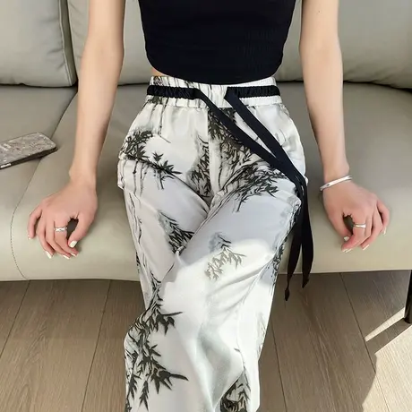 水墨国风冰丝阔腿裤女夏季薄款高腰休闲防晒直筒雪纺印花拖地裤子商品大图