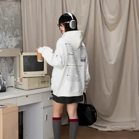YEP白色印花连帽卫衣女春秋2025年新款宽松套头美式复古帽衫外套商品大图