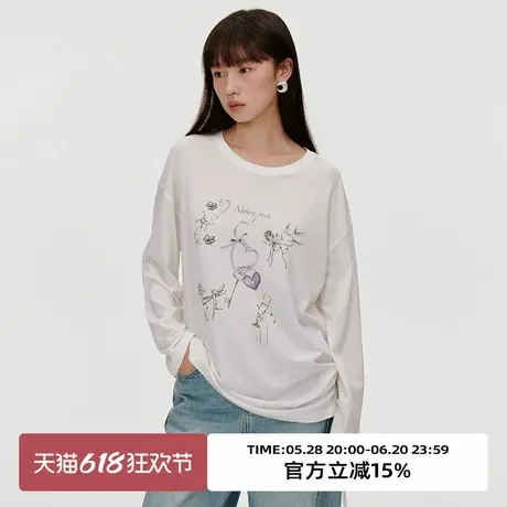 omont蛋挞家复古圆领印花长袖T恤女2025春季宽松休闲抽绳设计上衣商品大图