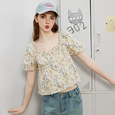 a02【浪漫假日】碎花小众减龄娃娃衫夏休闲方领个性女式衬衫商品大图