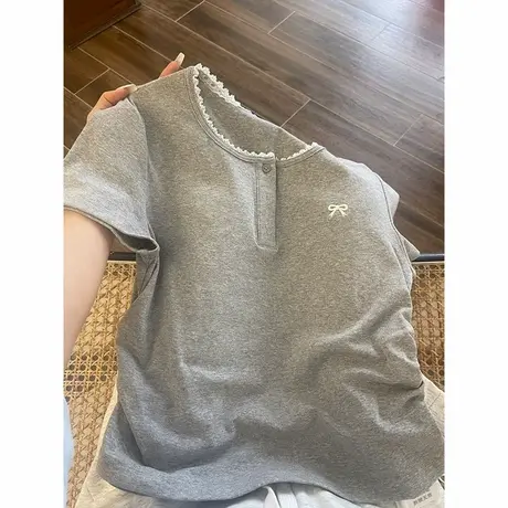 蕾丝花边拼接短袖T恤女夏季修身韩版打底内搭短款正肩半袖上衣潮商品大图