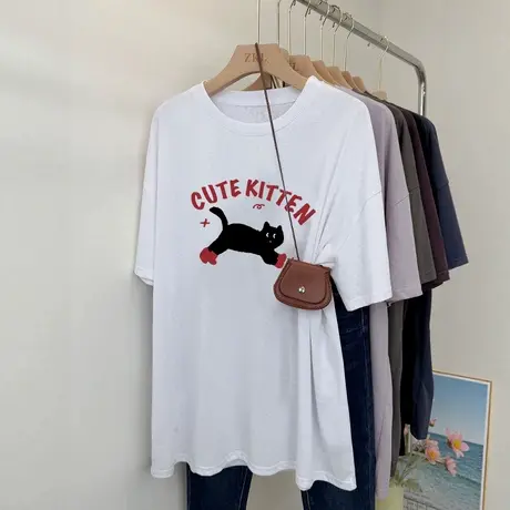 vintage大码可爱减龄猫咪短袖t恤夏ins潮正肩宽松chic上衣女复古图片