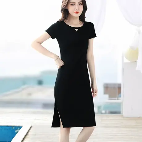 黑色开叉短袖连衣裙2024夏季新款设计感镂空圆领显瘦一步裙长裙商品大图