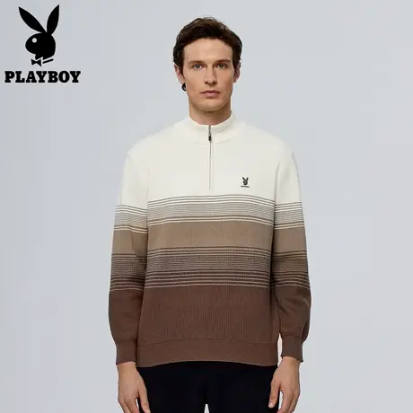 【半高立领】花花公子原创渐变撞色毛衣针织衫男拉链中领上衣春季图片