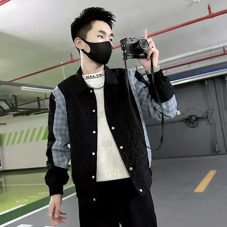 潮牌牛仔撞色拼接外套男秋冬季2023新款重磅加棉加厚痞帅男装夹克商品大图